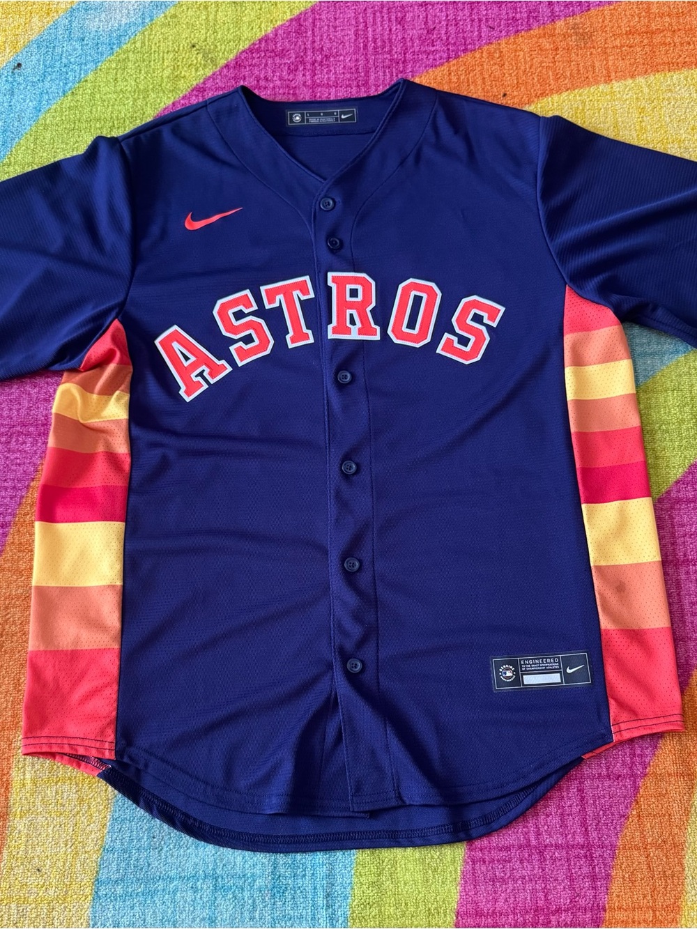 Nike Navy Astros Baseball Jersey with Rainbow Side Stripes